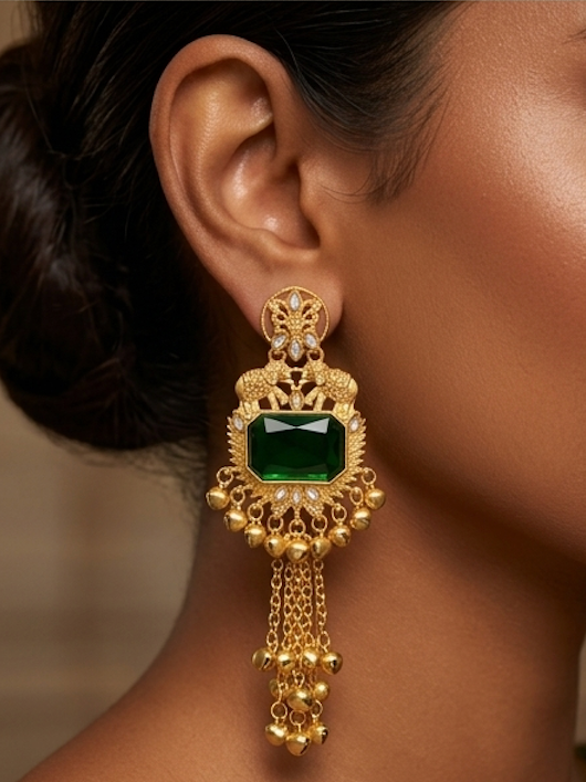 Kashmir Jhumka: Emerald Empress Handcrafted Gold Drops