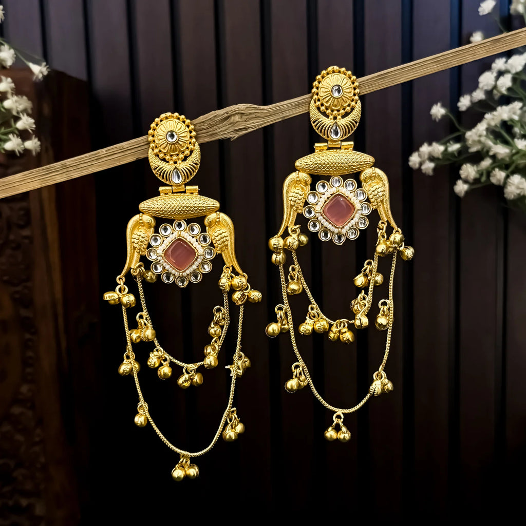 Kashmiri Brass Ghungroo Chandbali Earrings - Pastel Pink
