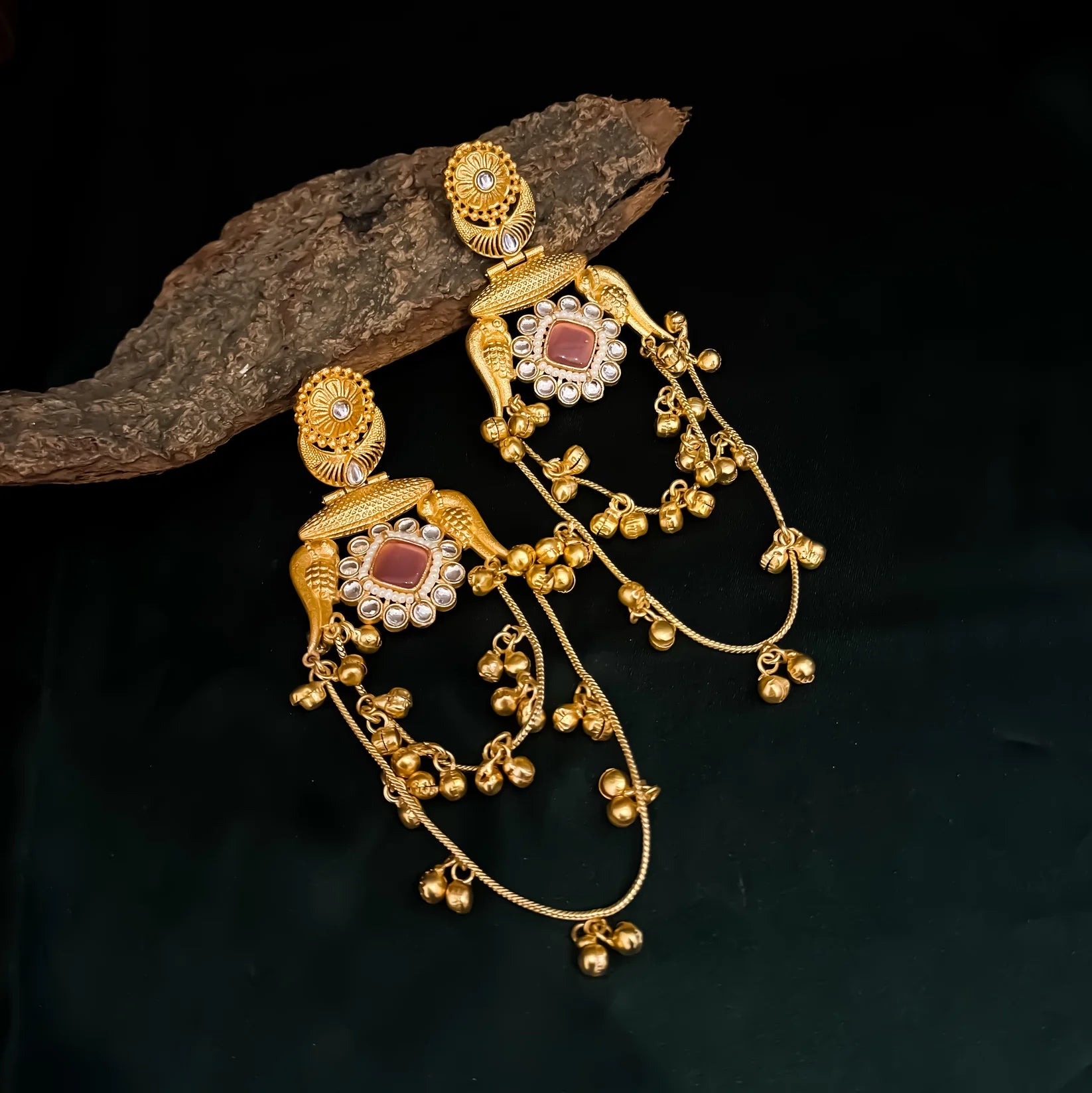 Kashmiri Brass Ghungroo Chandbali Earrings - Pastel Pink