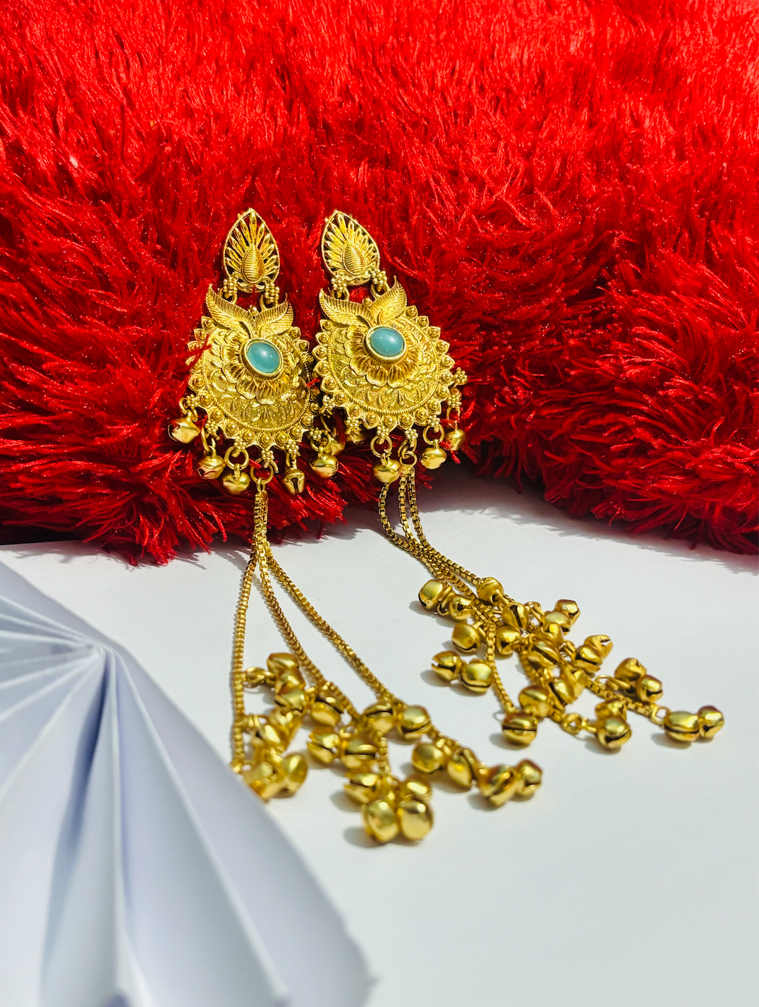 Royal Kashmiri Waterfall Jhumkas with Turquoise Accents & Dancing Ghungroos | Urban Noor - Exclusive