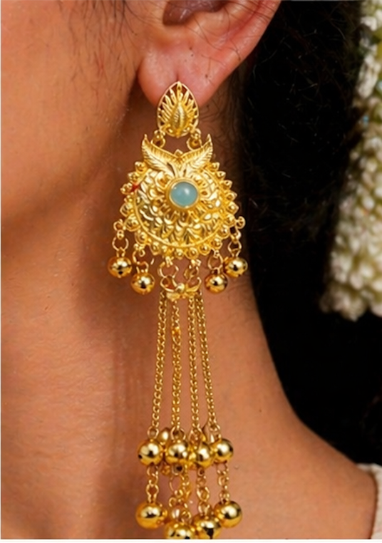 Royal Kashmiri Waterfall Jhumkas with Turquoise Accents & Dancing Ghungroos | Urban Noor - Exclusive