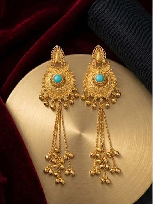 Royal Kashmiri Waterfall Jhumkas with Turquoise Accents & Dancing Ghungroos | Urban Noor - Exclusive