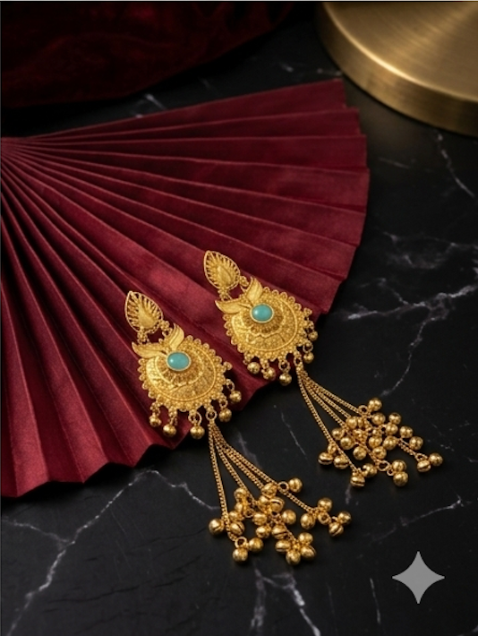 Royal Kashmiri Waterfall Jhumkas with Turquoise Accents & Dancing Ghungroos | Urban Noor - Exclusive