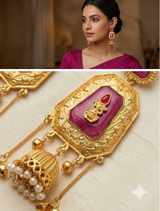 Rani Pink & Gold Traditional Jhumka Earrings with Pearl Accents