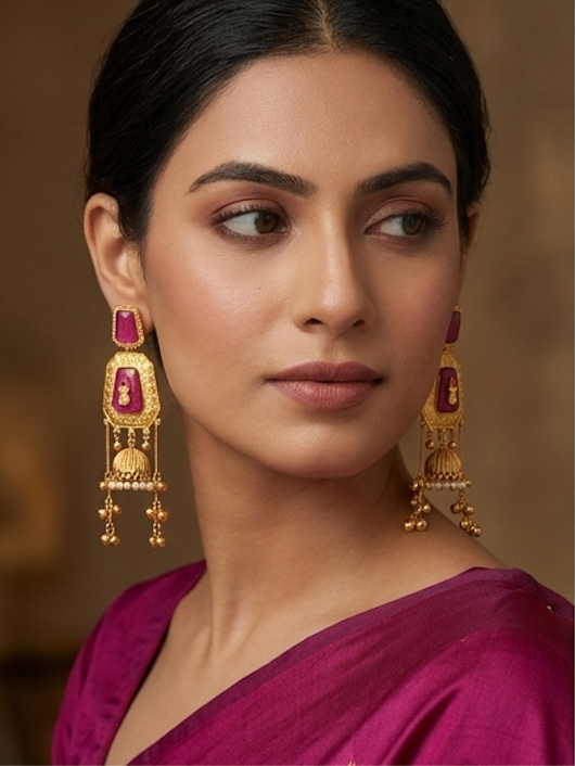 Rani Pink & Gold Traditional Jhumka Earrings with Pearl Accents