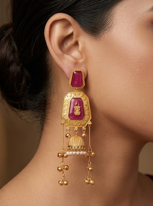 Rani Pink & Gold Traditional Jhumka Earrings with Pearl Accents