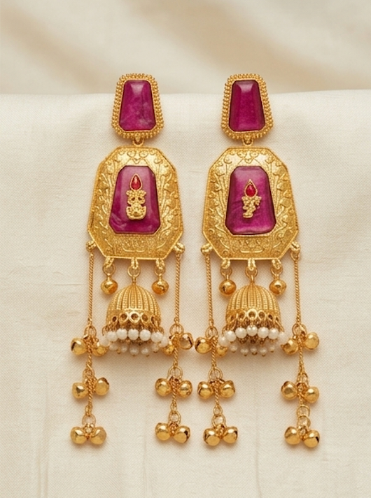 Rani Pink & Gold Traditional Jhumka Earrings with Pearl Accents