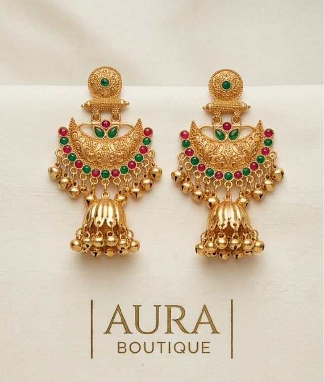 Traditional Gold-Plated South Indian Jhumka Earrings (South Indian Chandrabali)