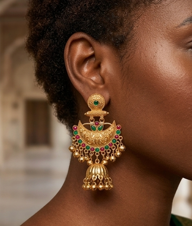 Traditional Gold-Plated South Indian Jhumka Earrings (South Indian Chandrabali)