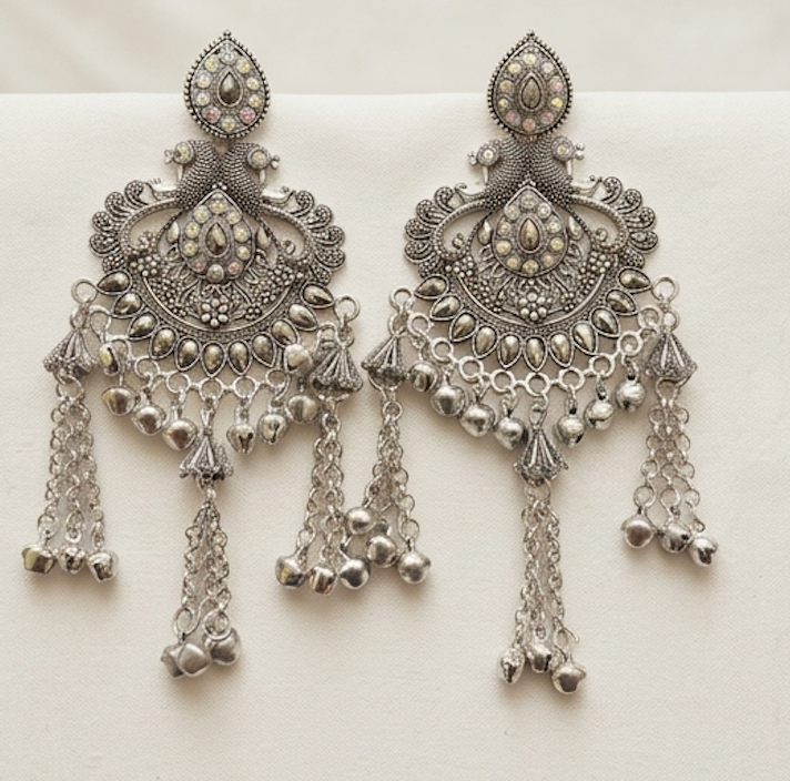 Premium Oxidised Silver Peacock Chandbali Earrings with Cascading Ghungroos