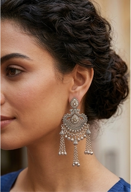 Premium Oxidised Silver Peacock Chandbali Earrings with Cascading Ghungroos
