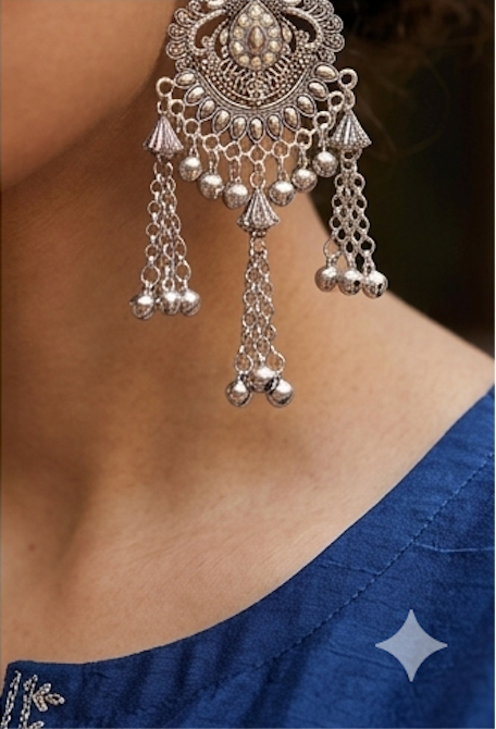 Premium Oxidised Silver Peacock Chandbali Earrings with Cascading Ghungroos