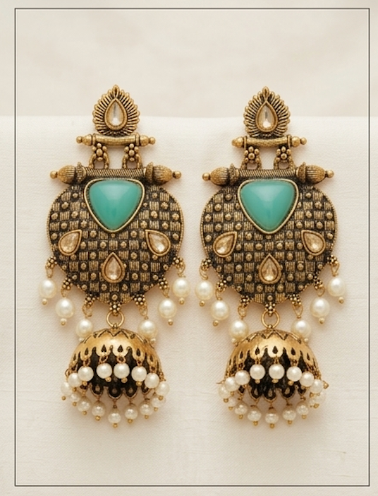 The "Noor" Royal Turquoise & Pearl Jhumka Drops