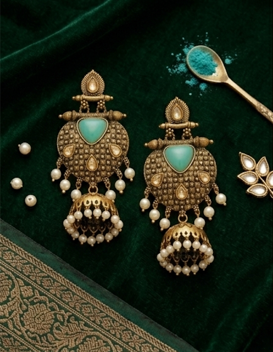 The "Noor" Royal Turquoise & Pearl Jhumka Drops