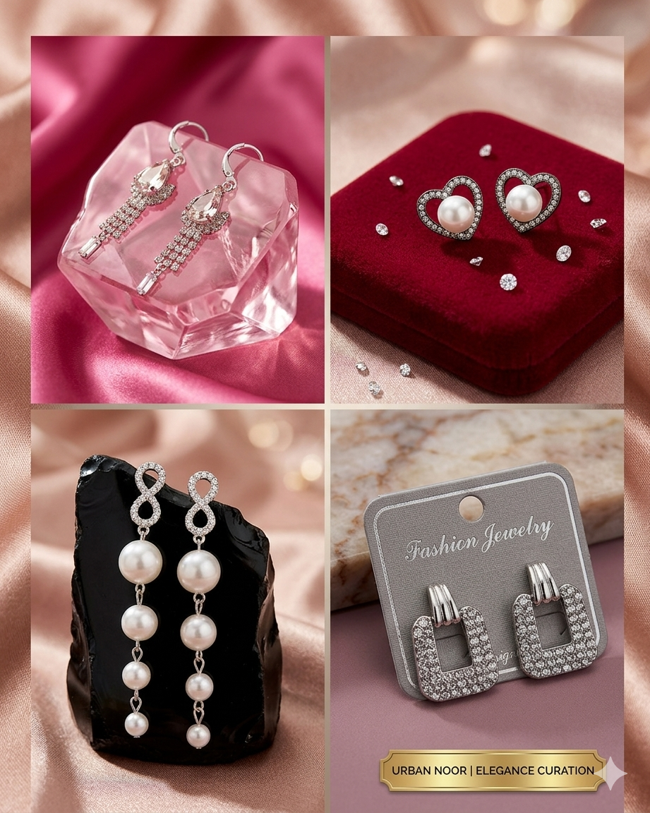 Urban Noor Exclusive 4-Piece Curation – Elegant Korean Style Studs & Long Tassel Earrings